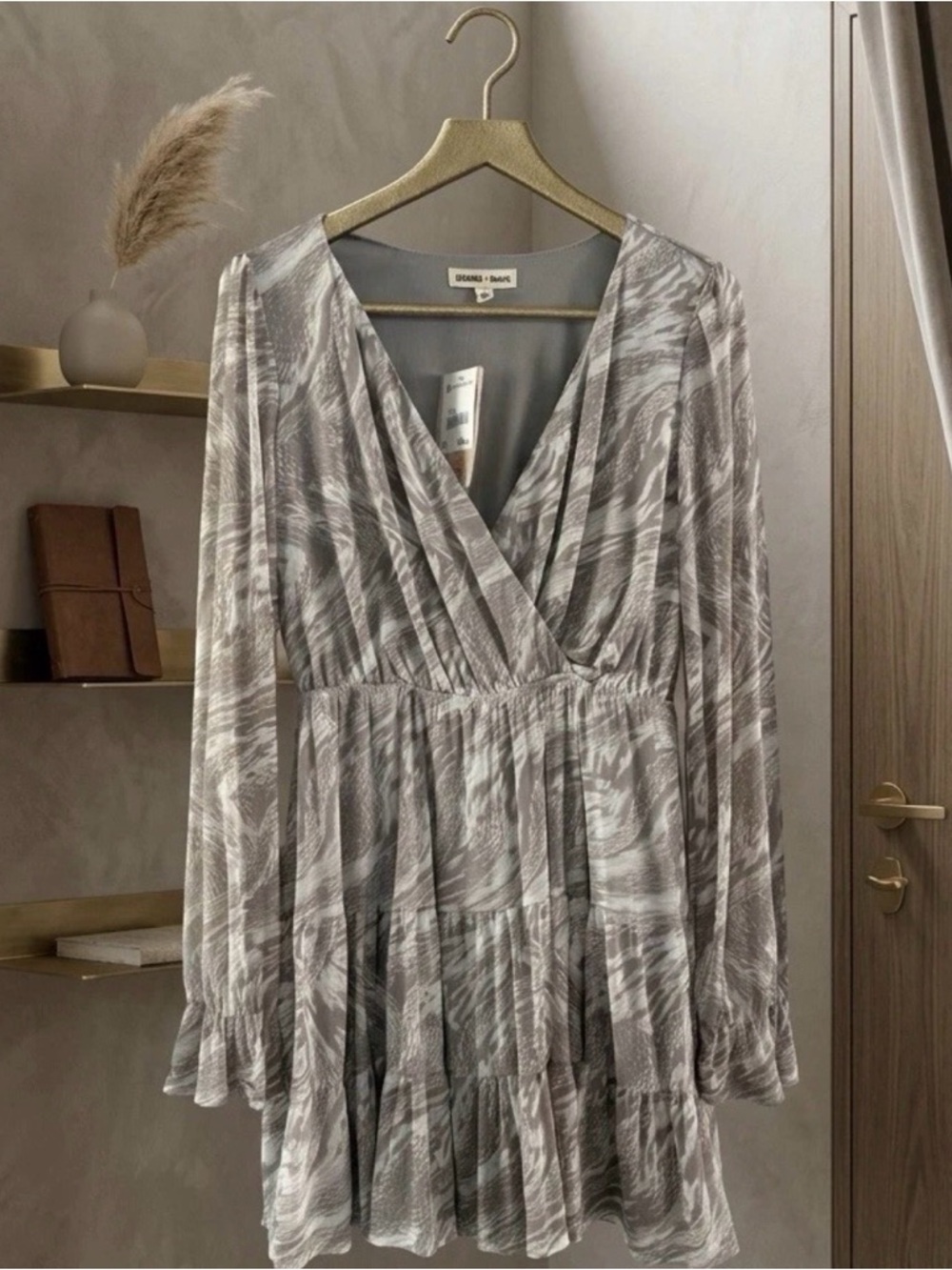 Taupe Abstract Pattern Ruffle Tiered Mini Dress Long Sleeve Boho Flowy